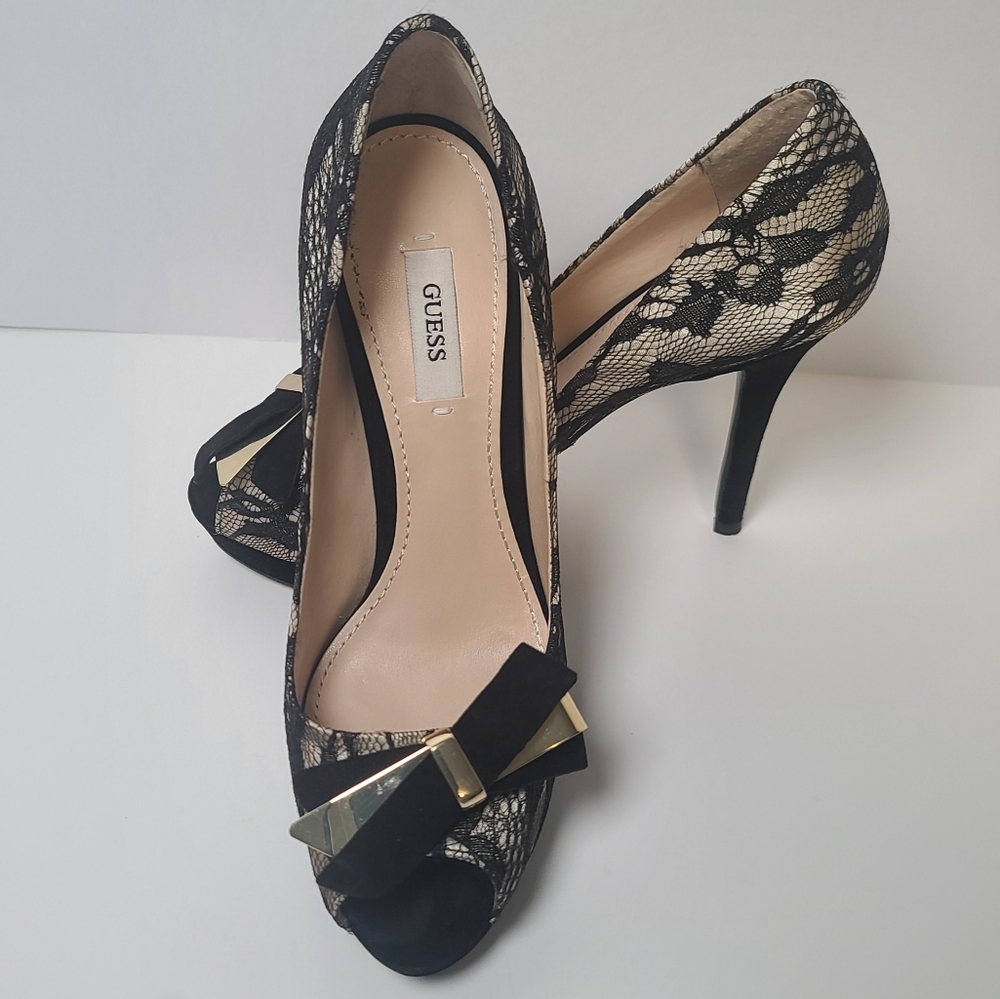Guess Platform Peep Toe High Heel Pumps Black Lace Over Champagne Gold, 6.5M - Picture 6 of 15